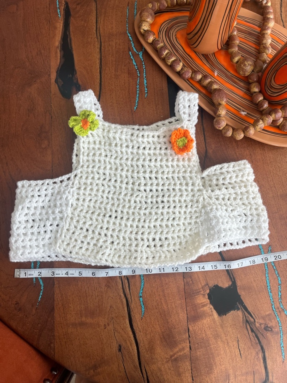 Vintage Festival Hand-Crocheted White Crop Top with Accent Flowers - Picture 2 of 7